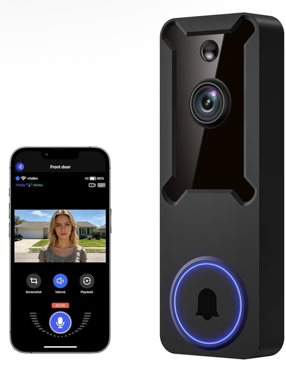 Smart Video Doorbell with Night Light Ring - Black